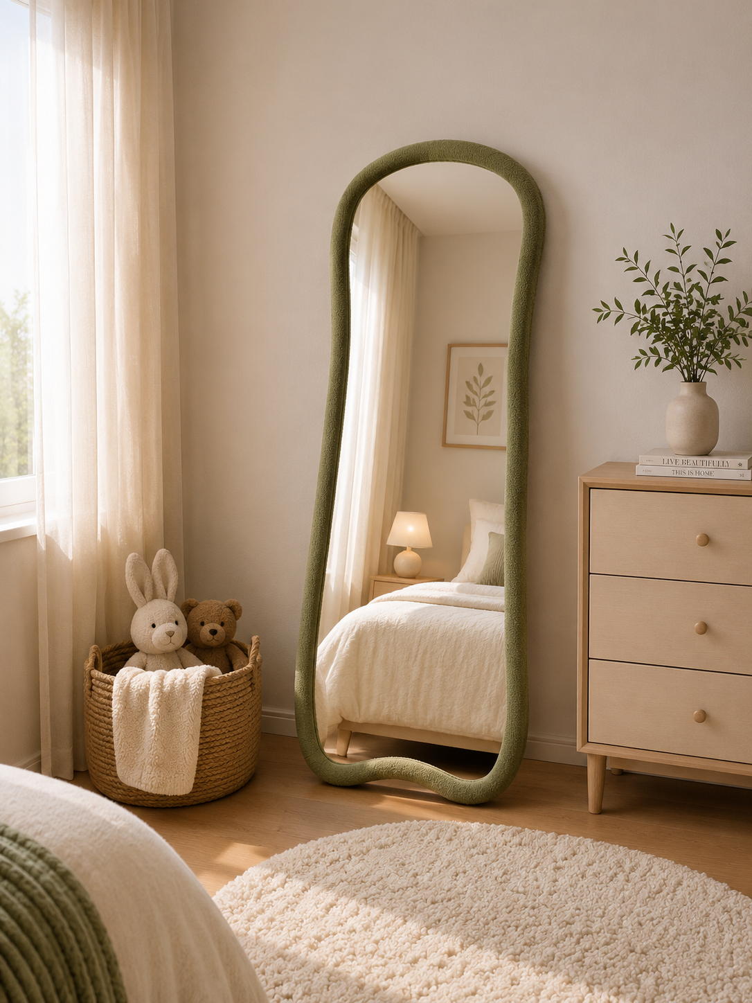 Teddy Organische Spiegel Olijfgroen – 160 x 60 cm | Zachte Bouclé Passpiegel voor Kinderkamer