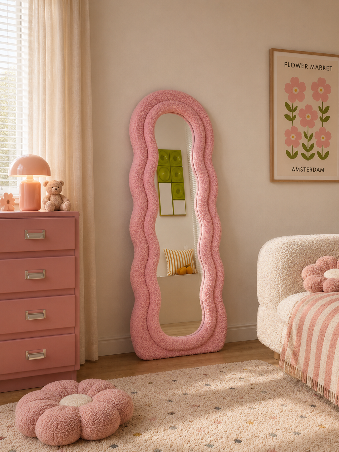 Teddy Golvende Spiegel Roze – 160 x 60 cm | Zachte Bouclé Passpiegel voor Kinderkamer