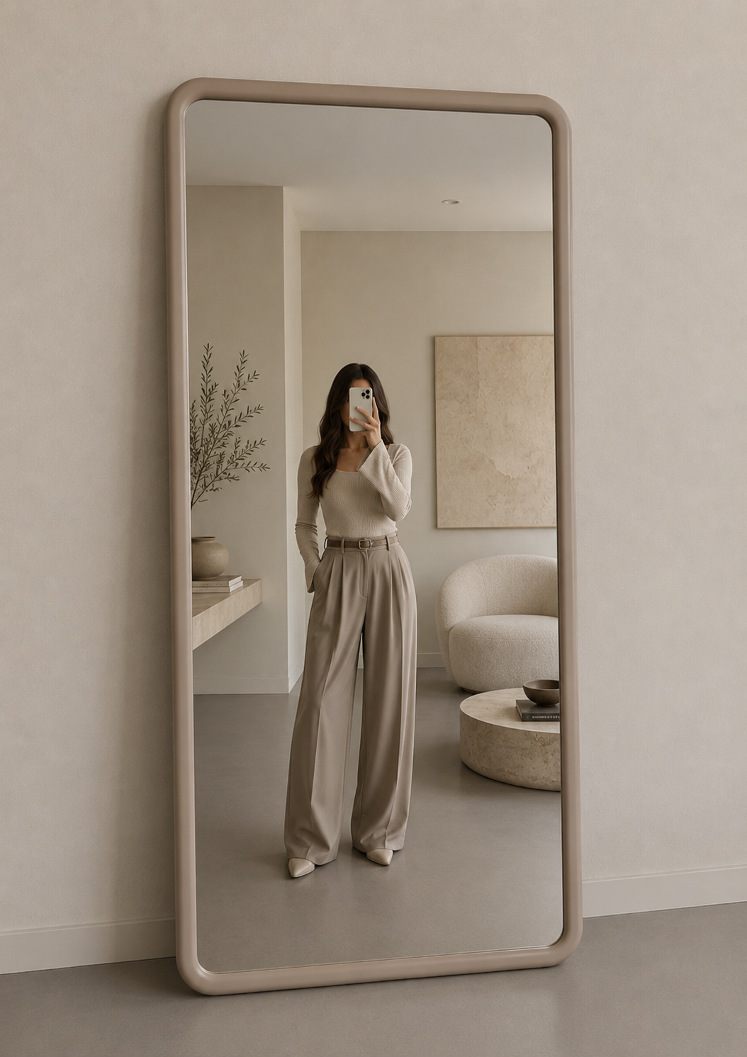 Lara Rechthoekig design spiegel hout – 200×100 cm | Japandi Full-Length Mirror – Taupe