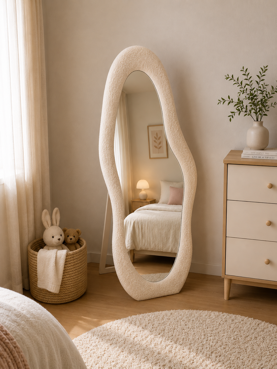 Teddy Organische Spiegel beige – 160 x 60 cm | Zachte Bouclé Passpiegel voor Kinderkamer