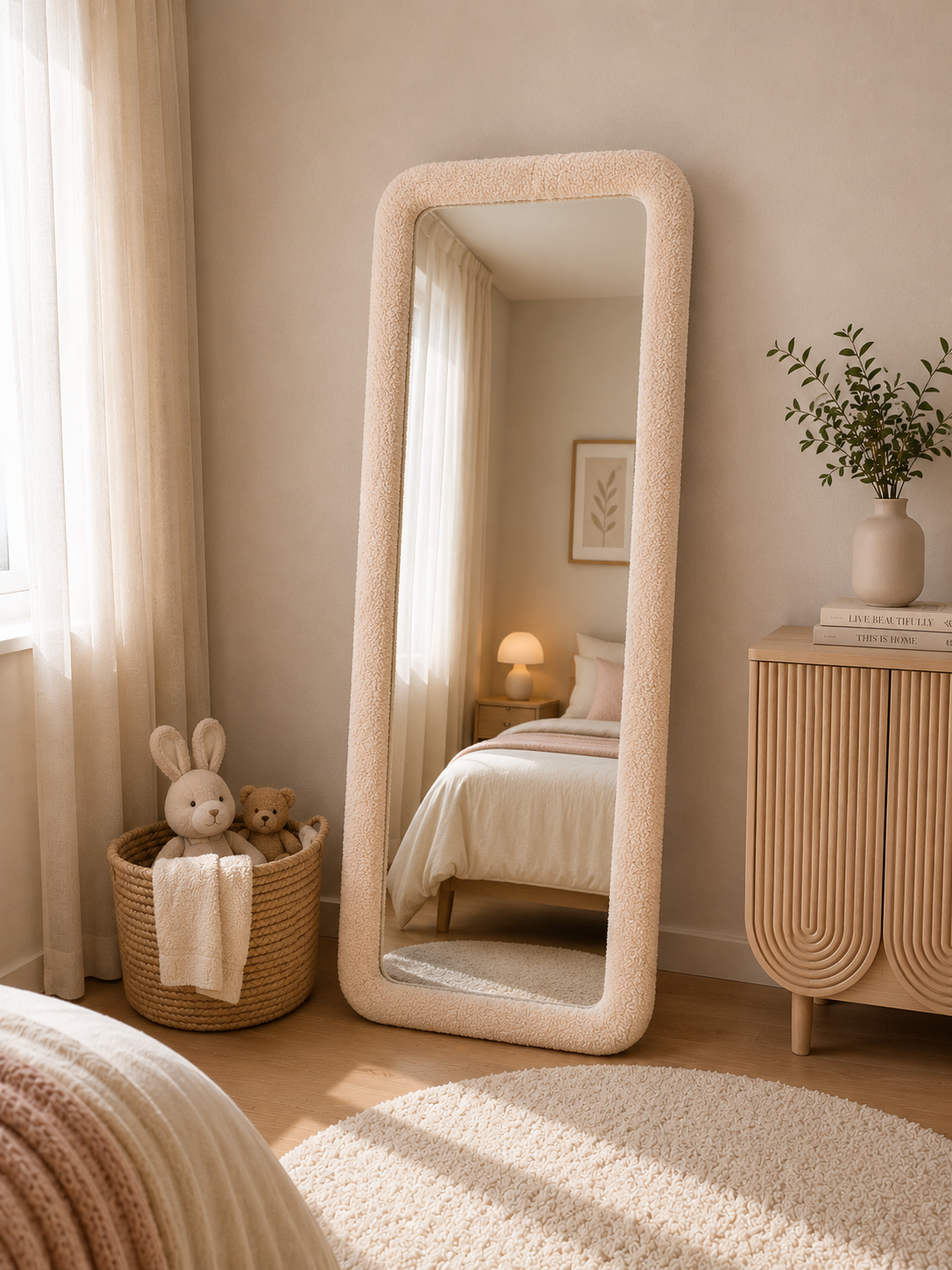 Teddy Spiegel Rechthoekig Beige – 160 x 60 cm | Zachte Bouclé Passpiegel voor Kinderkamer